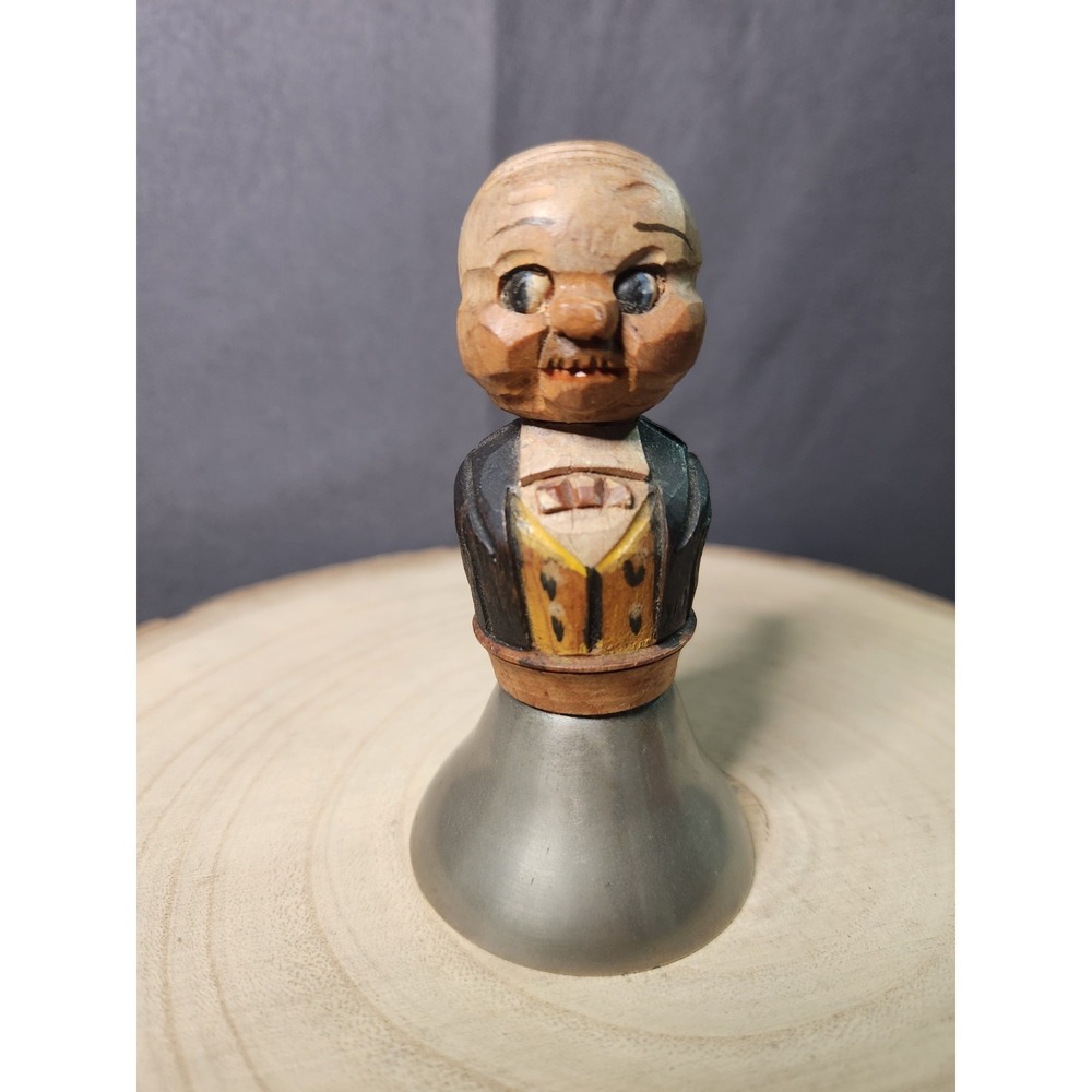 Vintage Wood Hand Carved Old Man With Bowtie Dinner‎ Bell~RARE